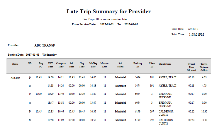 The Late Trip Summary by Provider report.