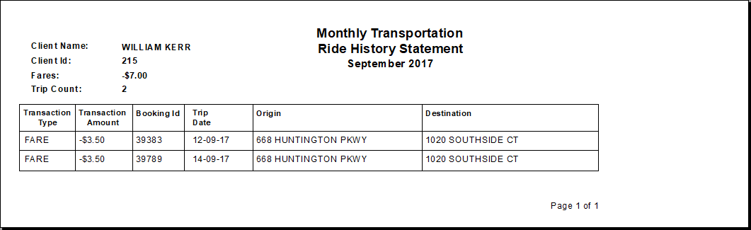 The Monthly Transportation Ride History Statement report.