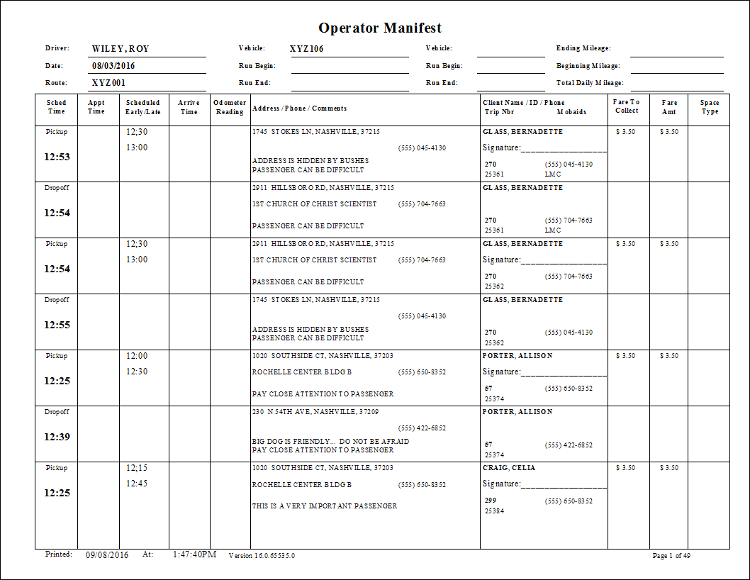 The Trapeze Manifest report.