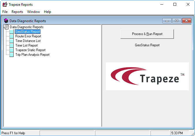 The Data Diagnostics Reports list in Trapeze Reports.