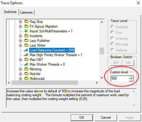 Custom level in Trace Options dialog box