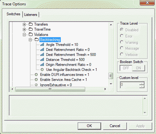 Trace Options dialog box with the Switches tab open