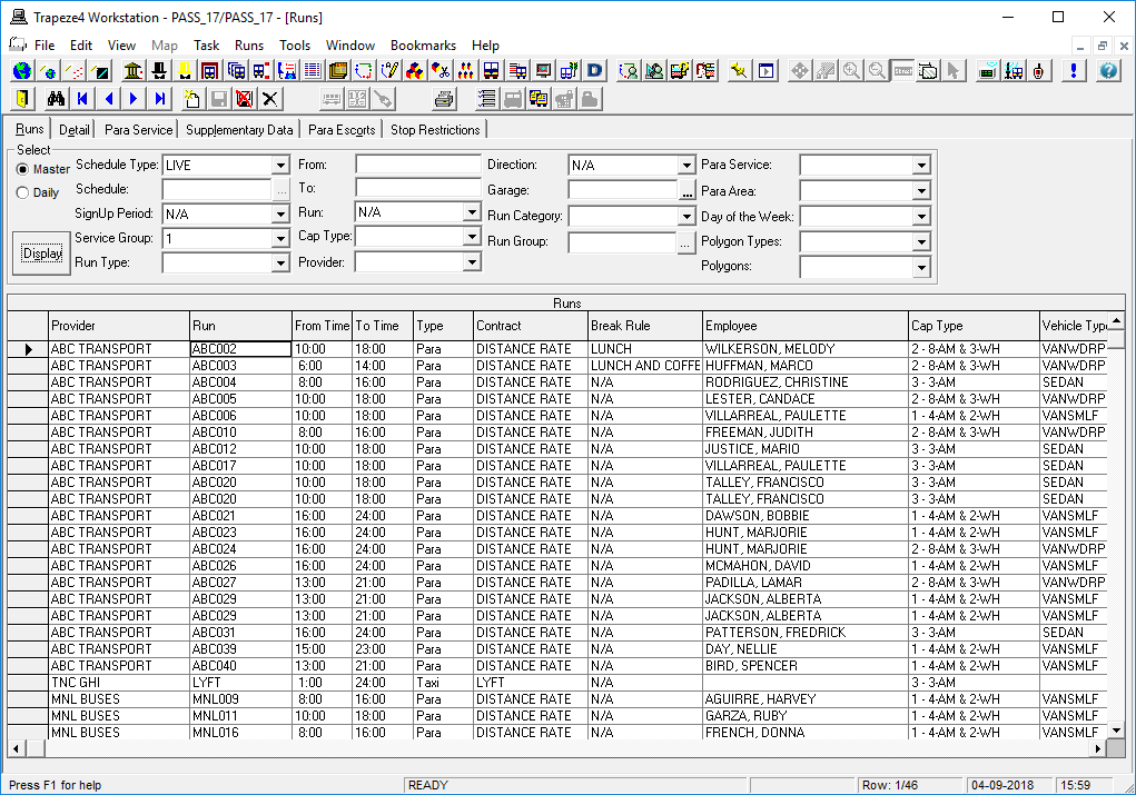 The Runs screen with the Master option selected and search results for a LIVE schedule type.