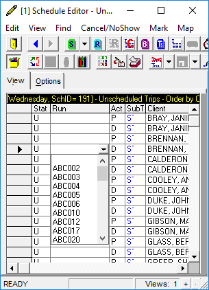 Schedule Editor's Unscheduled Trips view with Run options visible in a drop-down list in the Run column.
