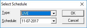 The Select Schedule dialog box with the Type selected as LIVE and the Schedule selected as 11-07-2017.