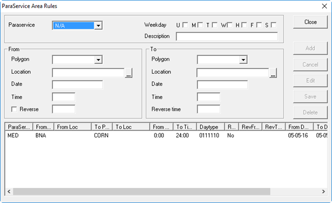 The ParaService Area Rules dialog box with one paraservice area rule defined.