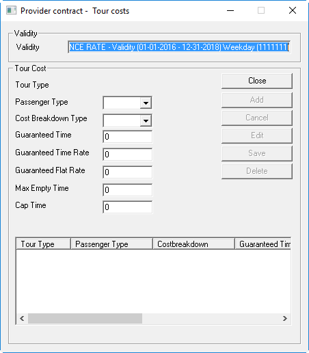 The provider contracts - Tour costs dialog box with no tour costs defined.