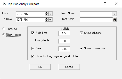 Trip Plan Analysis Report dialog box with the Show Issues option selected.