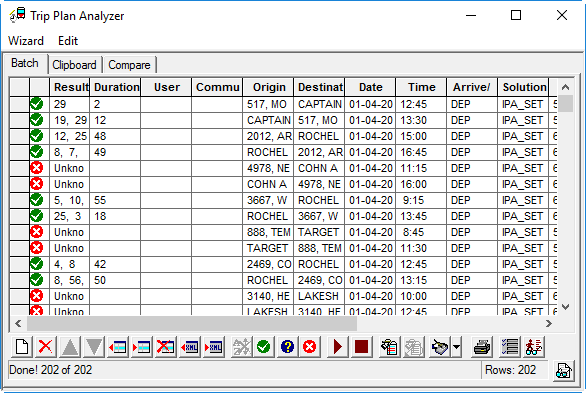 The Trip Plan Analyzer with a mix of successful results and failed requests.