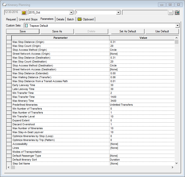 Example Parameter and Value list for a Custom Set called Trapeze Default.