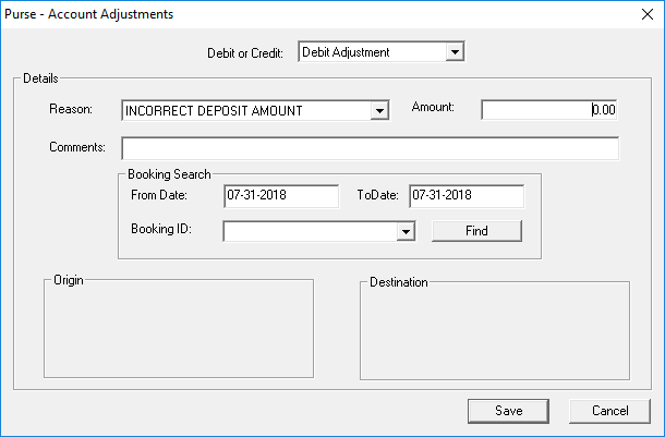 The Purse - Account Adjustments dialog box showing a Debit Adjustment.