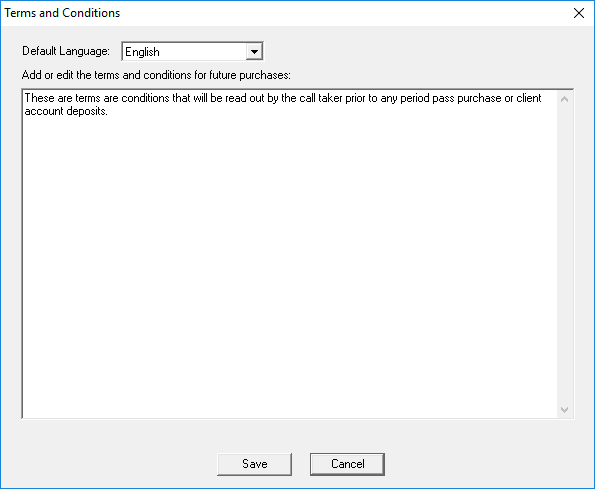 The Terms and Conditions dialog box with generic text in the Add or edit the terms and conditions for future purposes field.