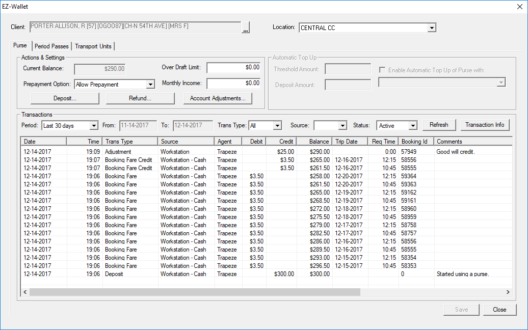 EZ-Wallet dialog box containing example client transaction information. Transaction information includes a purse deposit, Workstation transactions for future bookings, credits for canceled bookings and an adjustment made for a complaint.