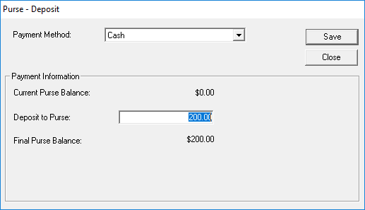 The Purse - Deposit dialog box showing Payment Method and Payment Information options.