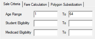 The Sale Criteria tab showing the Age Range, Student Eligibility, Medicaid Eligibility, and corresponding To fields.