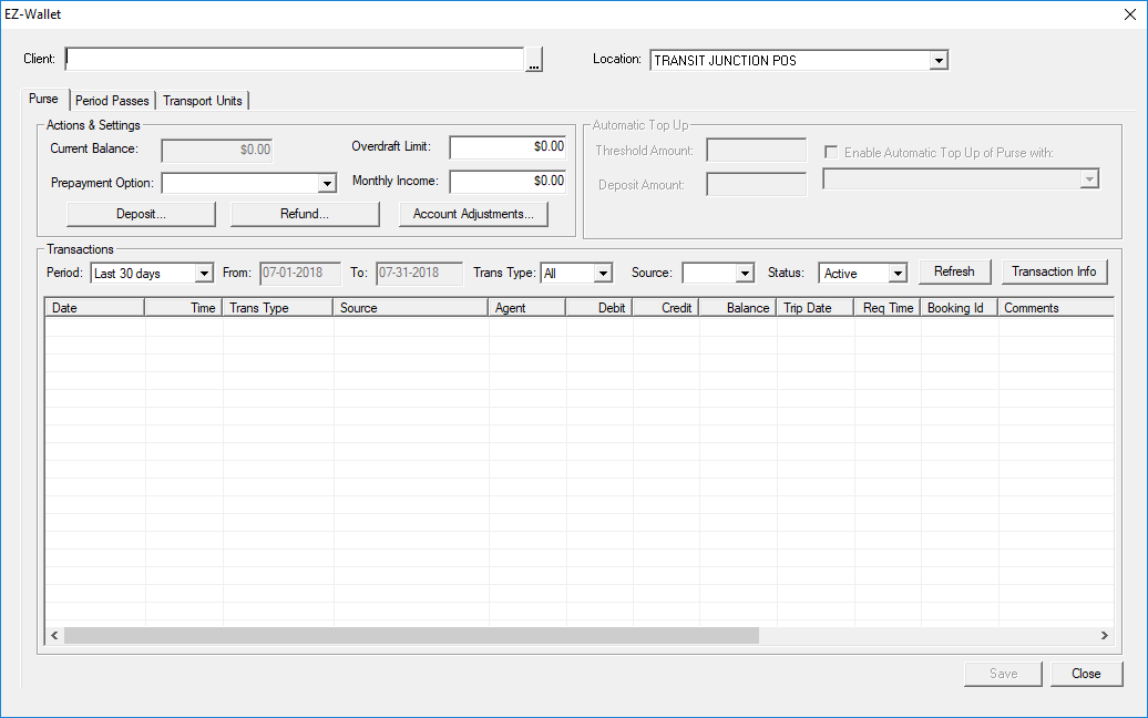 EZ-Wallet in the Trapeze4 Workstation. Fields are visible, but no data is shown except the selected Location.