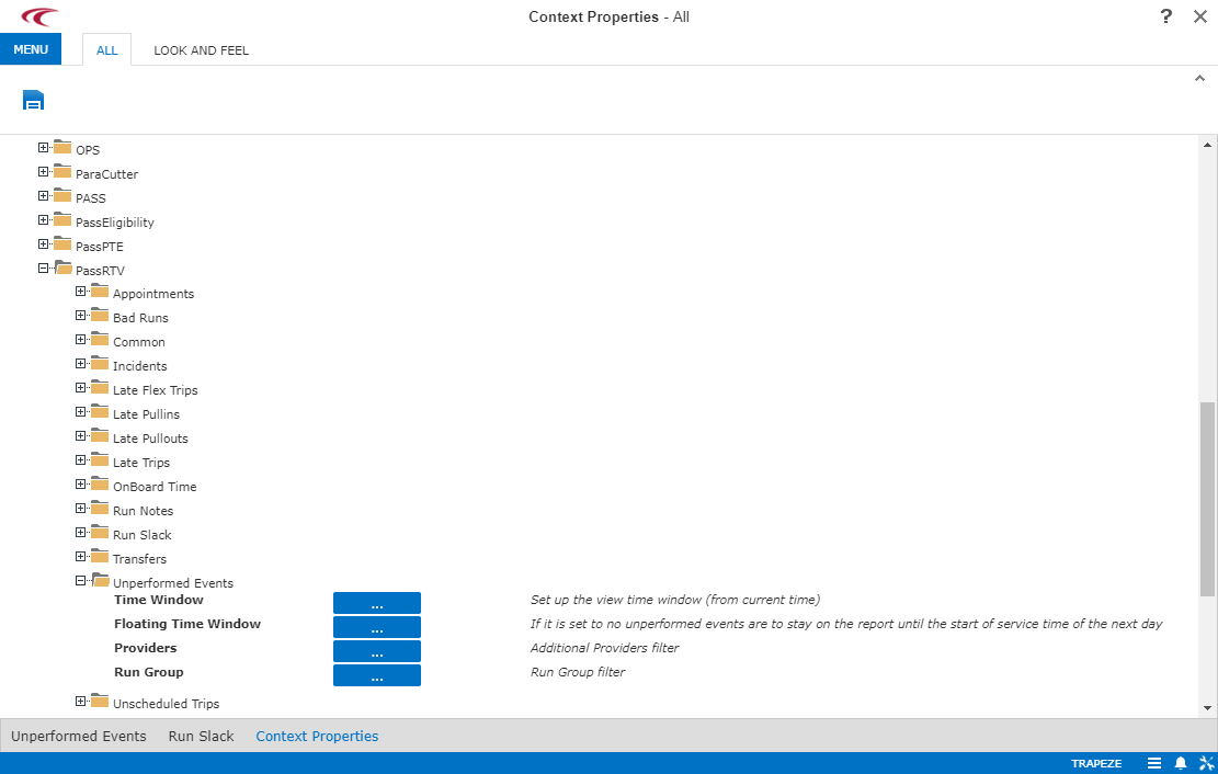 Context Properties showing an open PassRTV folder and an open Unperformed Events folder and the properties contained within it.