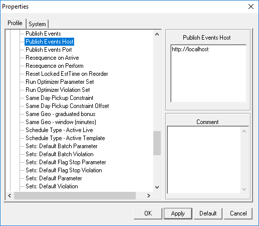 The System Properties dialog box with Publish Events Host selected and Publish Events Host information displayed.