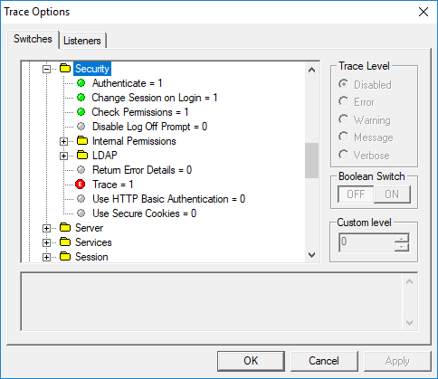 The Trace Options dialog box opened to the Switches tab with the Security folder highlighted.