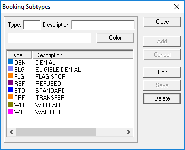 The Booking Subtypes dialog box. It shows Type, Description, and Color fields.