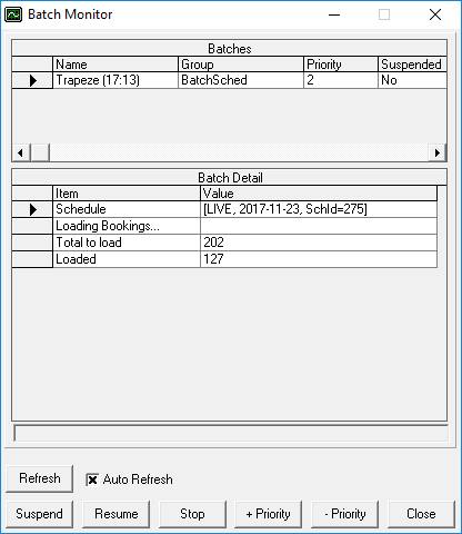 The Batch Monitor dialog box with the Batch Detail frame showing details for the current batch job.