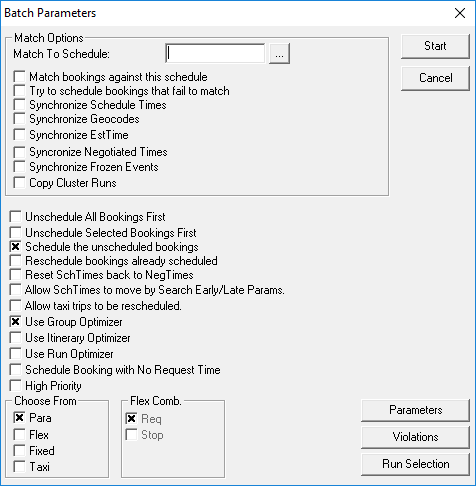 The Match Parameters dialog box with default options shown.
