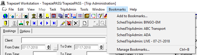 The Bookmarks list, including the Add to Bookmarks and Manage Bookmarks options.
