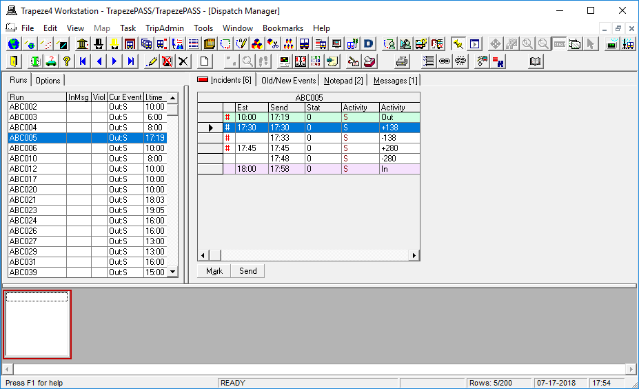 Dispatch Manager with the Runs tab and Incidents tab visible and the blank real time view list circled in red.