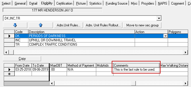 Client Registration is open to the Eligibility tab and the Comments column is circled in red.