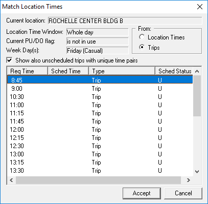 The Match Location Times dialog box shows options for the common location ROCHELLE CENTER BLDG B based on Trips.