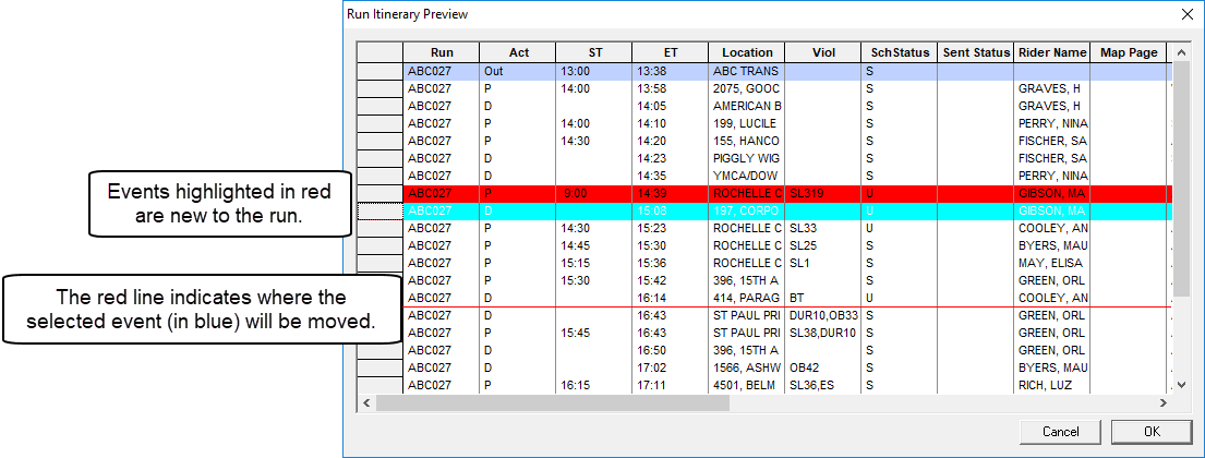 Run Itinerary Preview with call-outs for the events highlighted in red (which are new to the run) and the preview line (which indicates where the event will be ordered in the itinerary).