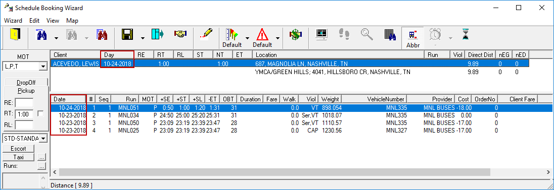 The Schedule Booking wizard. Four trip solutions have been returned, one on the day the trip is scheduled for and three on the day before.