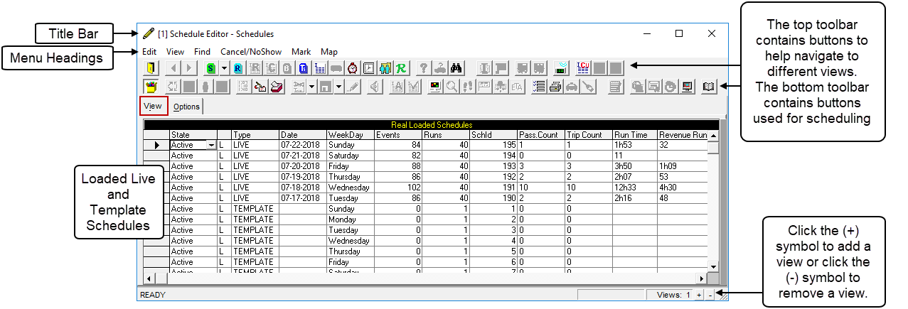 Schedule Editor's Schedules view with call-outs for Title Bar, Menu Headings, Loaded Live and Template Schedules, the top and bottom toolbars, and the + and - symbols.