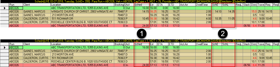 Schedule Editor with views for planning mode and for without planning mode with numbered call-outs. The call-outs are defined below the image.