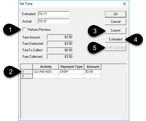 The Set Time dialog box with numbered call-outs. The call-outs are defined below the image.