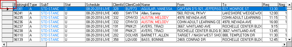 Trip Administration with all trips highlighted and the top left cell of the grid circled in red.