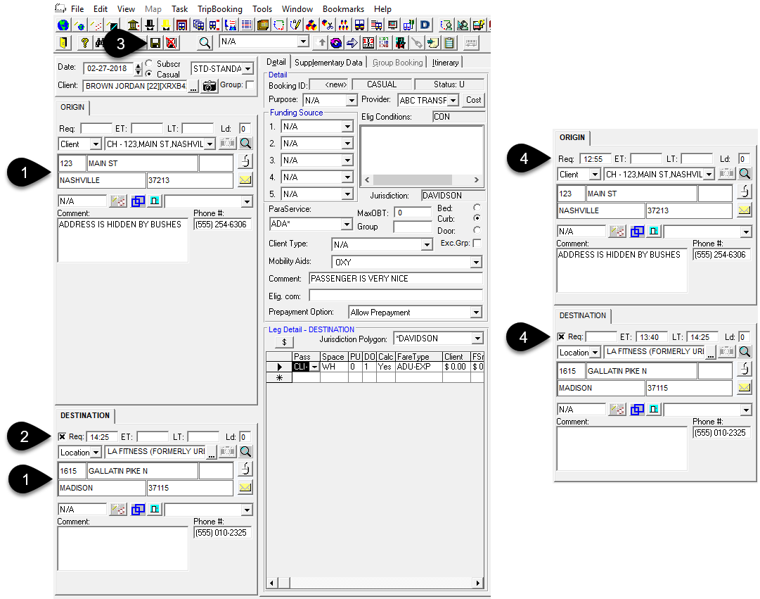 Trip Booking, including Origin and Destination, with numbered call-outs. The call-outs are defined below the image.