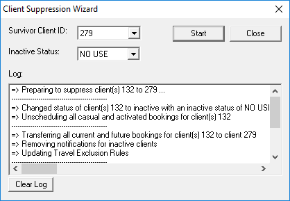 The Client Suppression dialog box with a Survivor Client ID and Inactive Status selected and a Log detailing the actions taken during the client suppression.