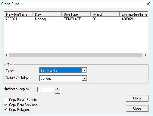 The Clone Runs dialog box with RunId 30 ready to be cloned.
