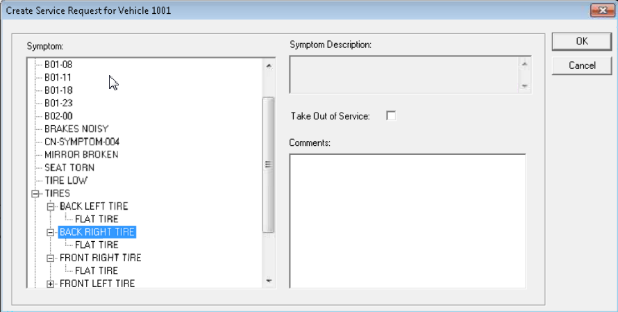 Vehicle symptom tree structure in the Create Service Requests dialog box.