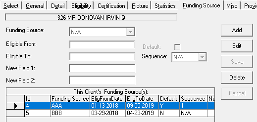 The Funding Source tab in Client Registration, with two funding sources defined and one funding source selected.