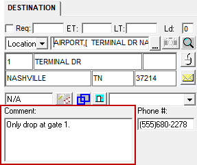 The Destination frame in Trip Booking with the Comment field circled in red.