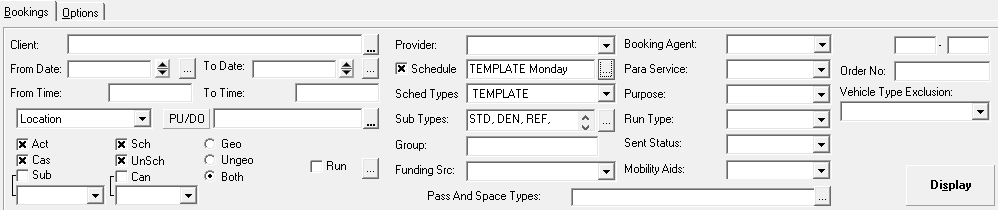 Trip Administration with the Act, Cas, Sch, Unsch and Both options selected.