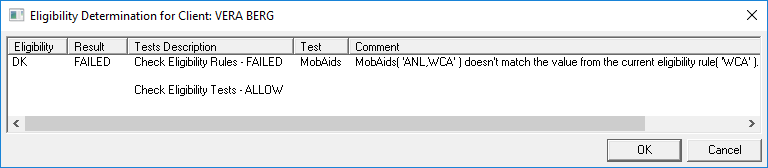 The Eligibility Determination for Client dialog box shows columns for Eligibility, Result, Tests Description, Test, and Comment.