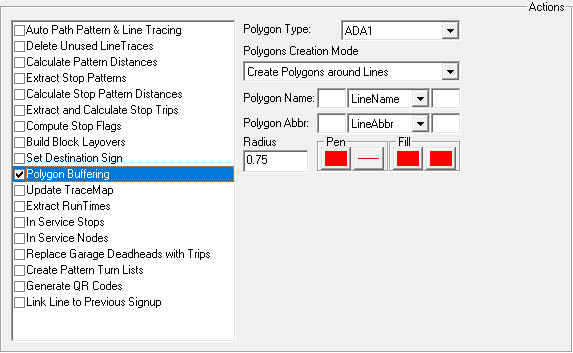 The Actions frame in the Extended FX Data Tool dialog box. Polygon Buffering is shown for the ADA1 Polygon Type.