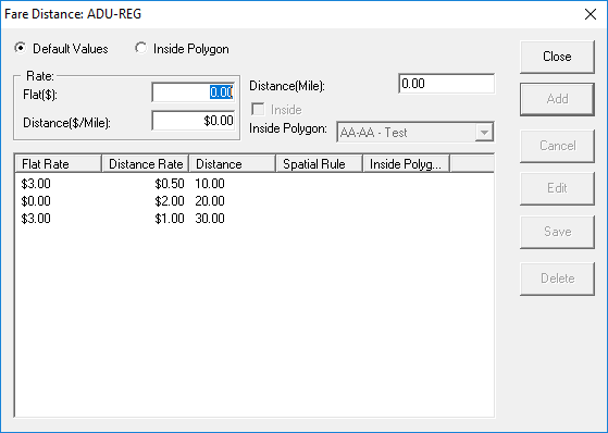 The Fare Distance dialog box for a selected fare type and associated Flat Rate values, Distance Rate values and Distance Values.
