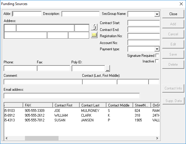 The Funding Sources dialog box with information defined for three contacts.