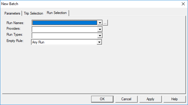 The New Batch dialog box open to the Run Selection tab. No batch information is defined.