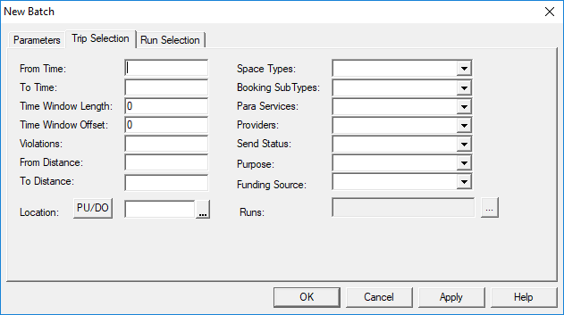 The New Batch dialog box open to the Trip Selection tab. No batch information is defined.