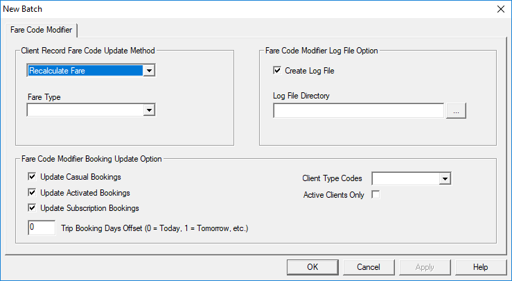 The New Batch dialog box open to the Fare Code Modifier tab with the Client Record Fare Date Update Method defined as Recalculate Fare.